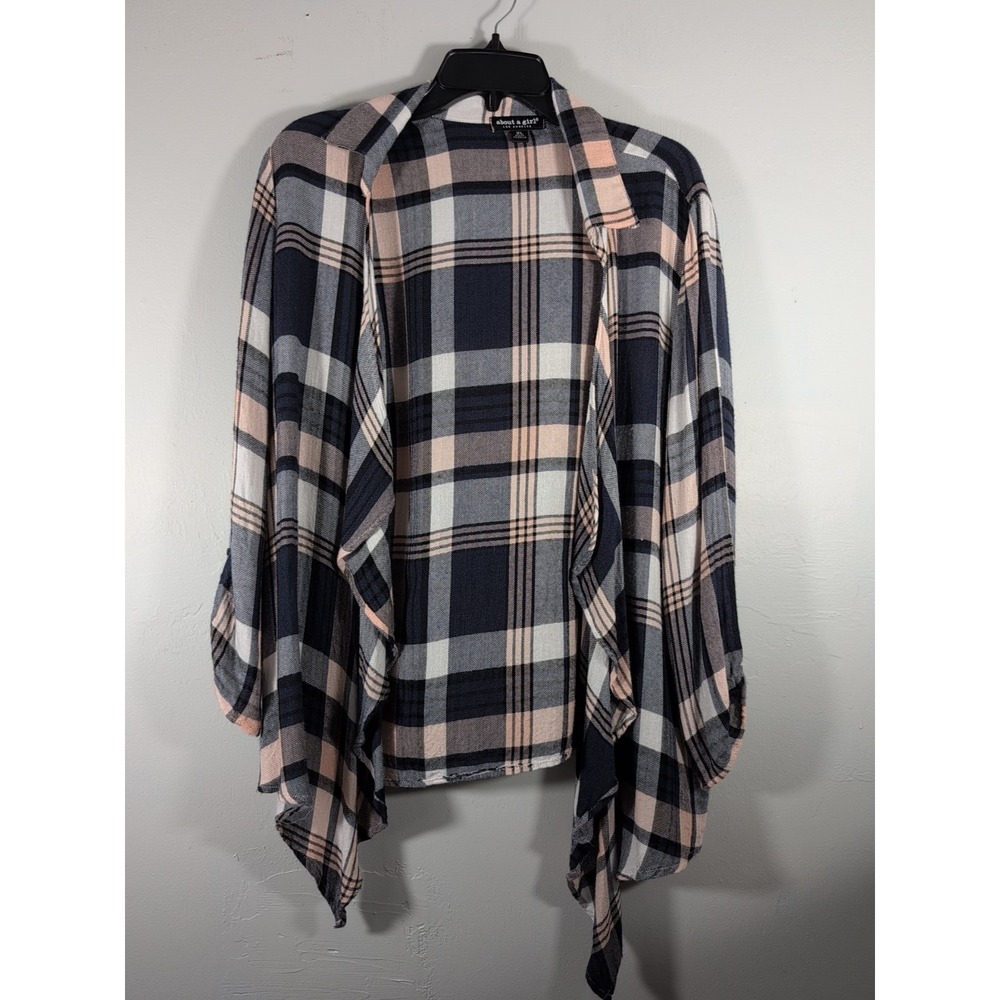 About a Girl XL‎ Flannel Open Front Cardigan Blue Pink & White